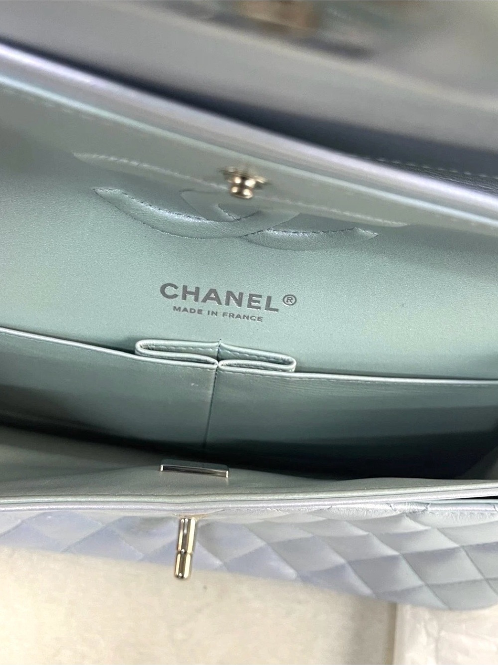 CHANEL Iridescent Light Blue Classic Double Flap Medium Silver Hardware Rare - Picture 8 of 8